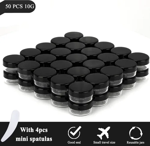 Vista 5 de 50 piezas de 10 gramos de envases de muestra, tarros vacíos de 10 ml con tapas, envases cosméticos pequeños, tarros de muestra mini con 4 piezas