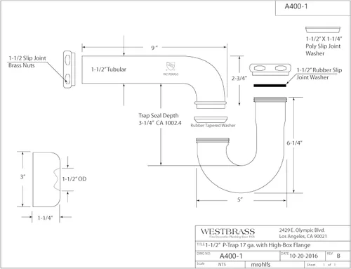 Vista 4 de Westbrass A400-1-62 1-1/2" OD 17 calibre P-Trap con brida de caja alta, negro mate