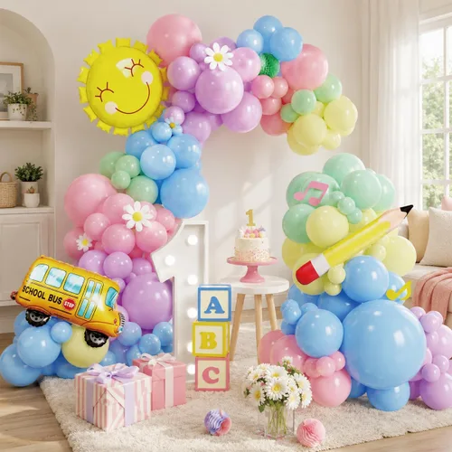 Vista 8 de Kit de arco de guirnalda de globos de regreso a clases, bolsa de lápices de autobús escolar, globo de aluminio con globos arcoíris para el primer