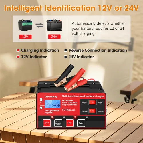 Vista 8 de Outerman - Cargador de batería de automóvil, 12 V, 24 V, de plomo-ácido, pantalla LCD, mantenimiento automático de batería inteligente