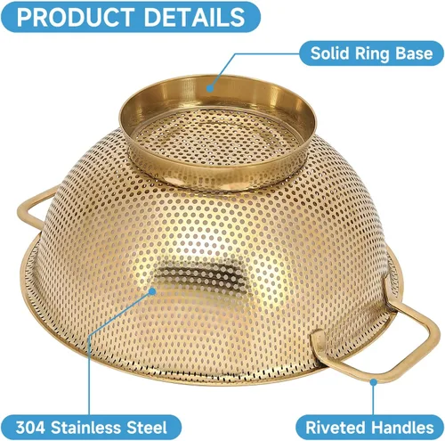 Vista 5 de Colador dorado para cocina, 3 cuartos de galón, colador de acero inoxidable con asa para frutas, verduras, cocinar alimentos, apto para lavavajillas