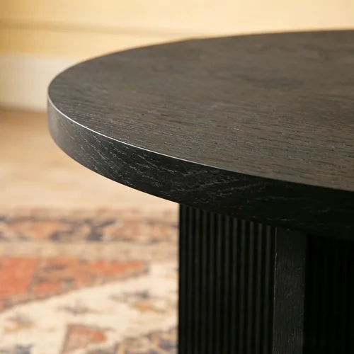 Vista 8 de Mesa de centro redonda de madera, mesa de centro de 35 pulgadas con mesa gruesa y lisa, mesa central de círculo bajo con patas estables