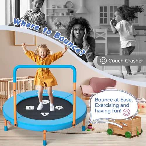 Vista 6 de 3FT Toddler Trampoline with Adjustable Handlebar, 36" Foldable & Spring-Free, Mini Kids Indoor Outdoor Trampoline for Ages 1-6, Noiseless Jumping