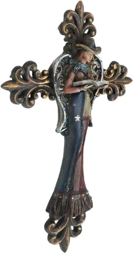 Vista 9 de Ebros Gift Rustic Fleur De Lis Le Fleur French Lily with Texas Western Cowgirl Angel Wall Cross Decor Placa Colgante Escultura Figurita 17" Alto