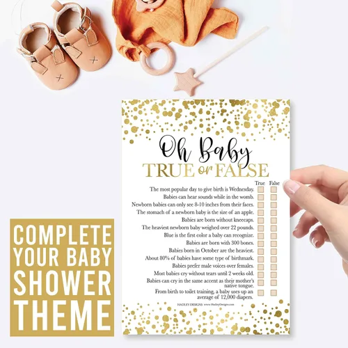 Vista 9 de Hadley Designs Juegos de baby shower para 25 invitados – Juego de baby shower de puntos dorados para baby shower, verdadero o falso, juego de baby