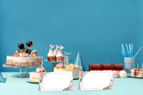 Vista 5 de Juego de 25 tarjetas de mesa estilo tienda de campaña, estilo bohemio, color rosa rubor, tarjetas de identificación editables para asientos de mesa