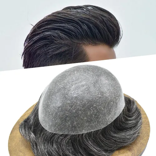 Vista 51 de PU Toupee para hombres pieza de pelo real sistema de reemplazo de cabello humano para hombres Toupee pieza de pelo para hombres piel polivinílica