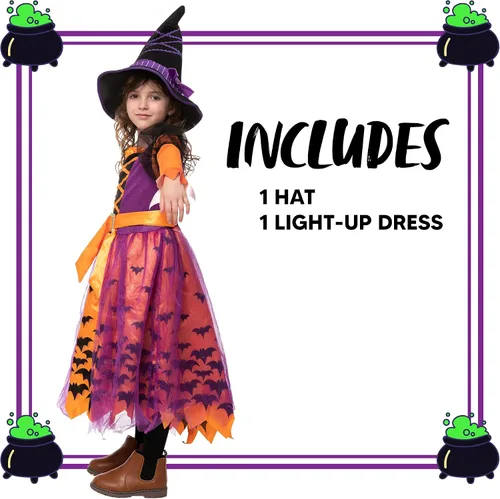 Vista 5 de Spooktacular Creations - Disfraz de bruja de Halloween con luces y sombrero para niñas Talla S de 5 a 7 años