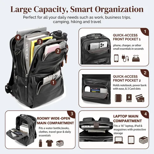 Vista 3 de LANNSYNE Full Grain Leather Backpack for Men, 16" Laptop Backpack with USB Charging Port, Business Travel Daypack