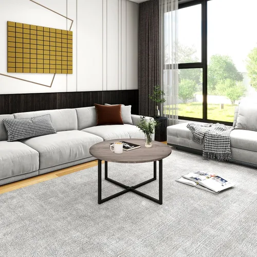 Vista 4 de HOMERECOMMEND - Mesa de centro redonda para sala de estar, color negro y gris Accent Center Table for Living Room Tea Desk with Black Metal Legs