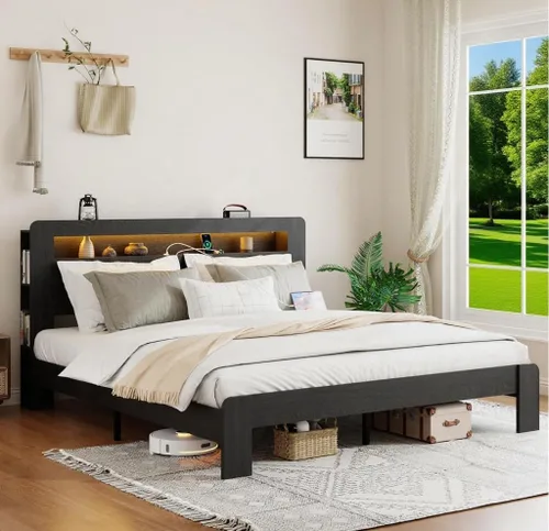 Vista 9 de Marco de Cama de Madera Tamaño Full con Cabecera de Almacenamiento, Marco de Cama de Plataforma Estilo Granja con Estante de Librería y Luces LED