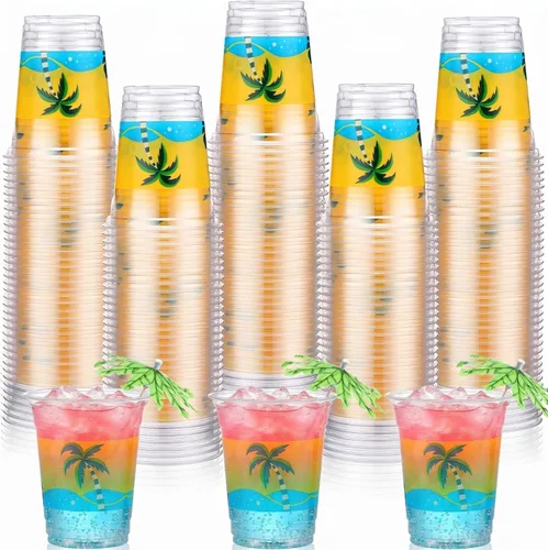 Vista 8 de Rtteri 100 vasos Luau de 12 onzas, vasos de plástico hawaiano tropical para fiesta, a granel, vasos desechables de palmera de coco y coco