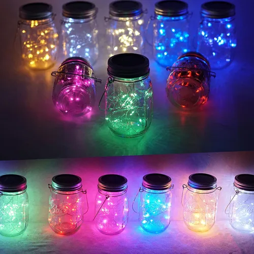 Vista 3 de Luces solares mejoradas para frascos, paquete de 8 unidades, 10 LED, impermeables, para frascos de luciérnaga, luces con ganchos