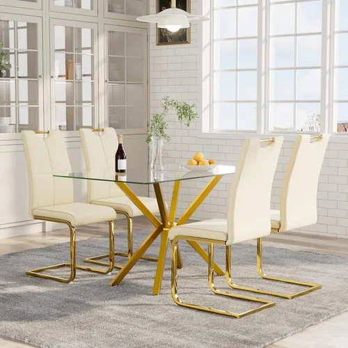 Vista 27 de 5-Piece 47" Dining Table with 4 PU Leather Chairs, Modern Dining Table Set for 4, Rectangle Black Top Kitchen Table with Black Metal Legs for Dining