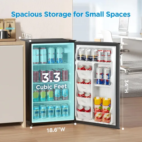 Vista 2 de Midea MERM33S1AST - Mini nevera compacta de 3.3 pies cúbicos con luz interna, termostato ajustable, puerta reversible, bajo ruido para dormitorio