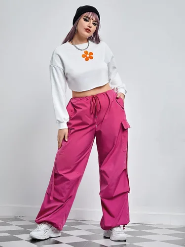 Vista 5 de Floerns Pantalones cargo holgados de paracaídas de tiro alto con cordón y bolsillo con solapa para mujer