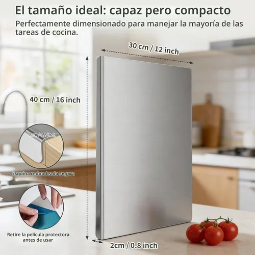 Vista 6 de Tabla de cortar de acero inoxidable para cocina, tabla de cortar de metal con mostrador de labios, apta para lavavajillas, tabla de cortar