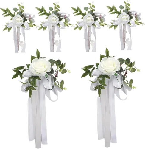 Vista 2 de Decoraciones de pasillo de boda, 6 rosas artificiales con cinta para decoración de pasillo de boda, decoración de silla de flores para bodas