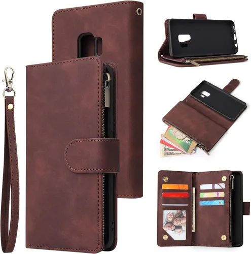 Vista 12 de UEEBAI Funda tipo cartera para Samsung Galaxy S9 Plus, funda de piel sintética, cierre magnético, bolsillo con cremallera, ranuras para tarjetas