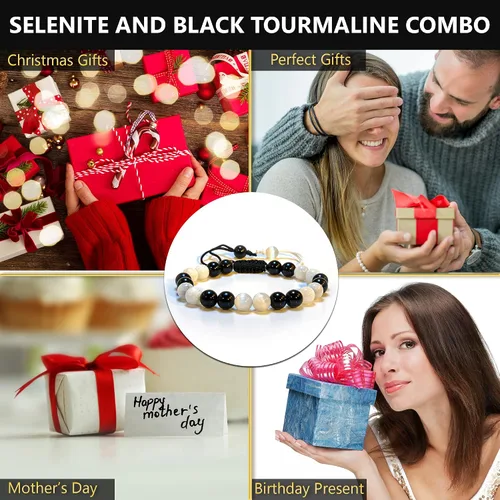 Vista 7 de Pulsera de turmalina negra de selenita auténtica, pulsera de cristal curativo natural para mujeres y hombres, pulsera de cuentas redondas de 0.315