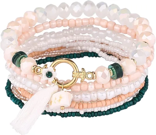 Vista 2 de iYours 6 juegos de pulseras bohemias multicapa con borlas hechas a mano, pulseras envolventes para mujer, Sin gemas.