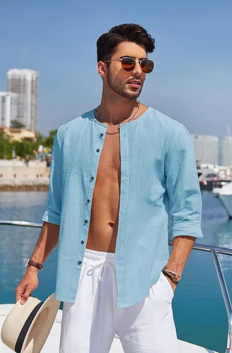 Vista 3 de COOFANDY Camisa de algodón y lino para hombre, camisa de playa casual con botones y manga larga