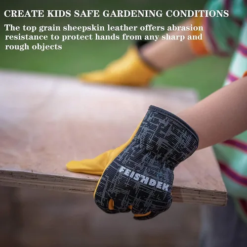 Vista 7 de Guantes de trabajo de jardinería de cuero para niños, guantes de seguridad, diseño reflectante transpirable, para niños para jardinería y exteriores