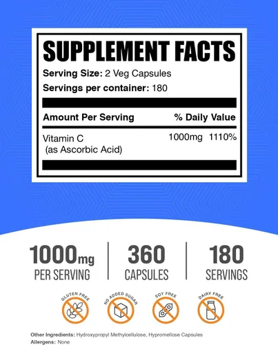 Vista 2 de BulkSupplements. com Cápsulas de ácido ascórbico – Ácido ascórbico Vitamina C 1000 mg, Suplemento de vitamina C – Vegano y sin gluten, 2 cápsulas