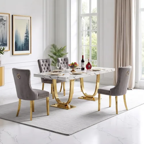 Vista 19 de Henf Mesa de comedor rectangular de mármol sintético blanco de 70 pulgadas Blanco & Oro
