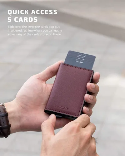 Vista 2 de VULKIT Tarjetero de crédito con bloqueo RFID, de cuero, automático, de aluminio, delgado, para tarjetas de visita
