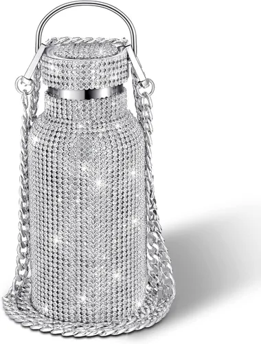 Vista 18 de Geiserailie Botella de agua con diamantes de imitación de acero inoxidable, térmica, recargable, aislada, con cadena, para mujeres y niñas