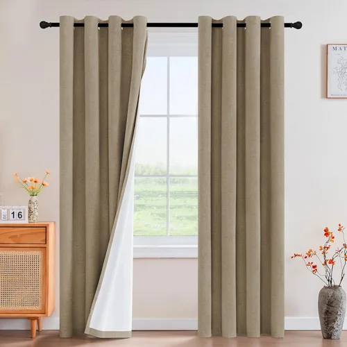 Vista 92 de Cortinas con textura de lino 100% opacas de 64 pulgadas de largo, juego de 2 paneles de cortinas de lino opacas con forro aislante térmico que Arena