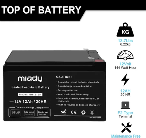 Vista 2 de Miady 12V 12Ah - Batería recargable de ácido de plomo sellada (paquete de 2)