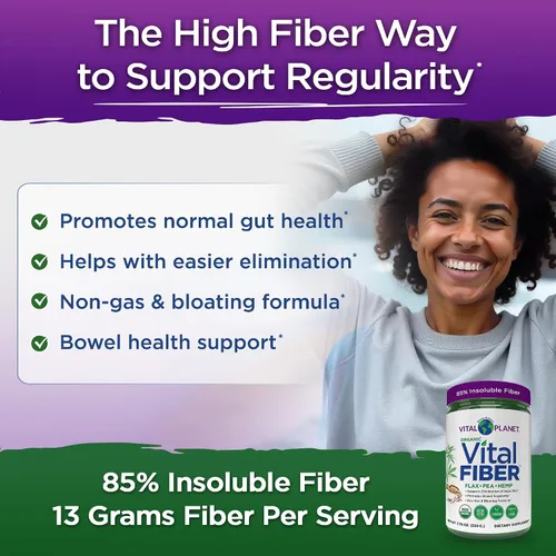 Vista 4 de Vital Planet - Polvo de fibra vital, suplemento de fibra soluble e insoluble con lino, guisante y cáñamo, suplemento dietético diario orgánico que