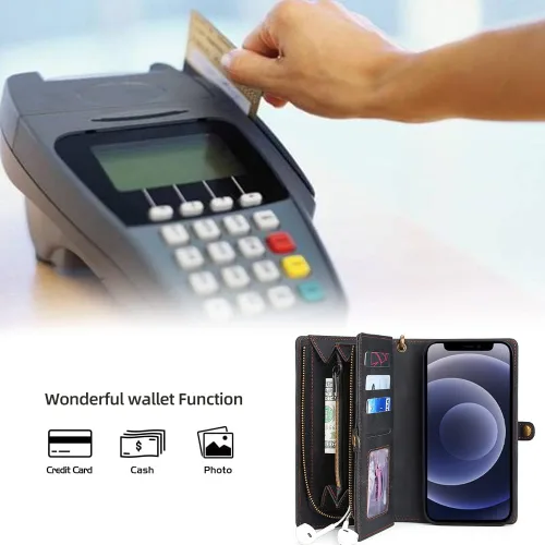 Vista 5 de Asuwish Funda de teléfono para iPhone 12 Mini 5.4 con cremallera, funda desmontable con protector de pantalla de vidrio templado y tarjetero