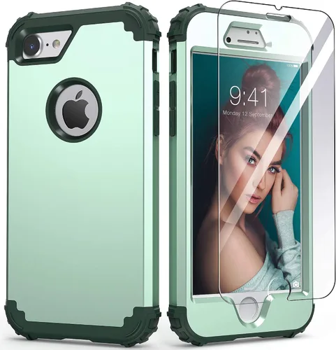Vista 15 de IDweel Funda para iPhone 8 con Protector de Pantalla de Vidrio Templado, para iPhone 7, 3 en 1, Resistente a Golpes, Delgada, Híbrida, de Servicio