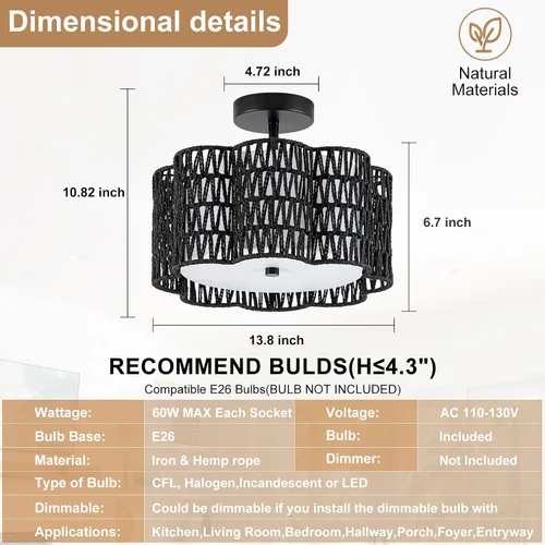 Vista 3 de ✿ Lámpara de Techo de Ratán Tejido a Mano de 13.8" con 3 Luces Montaje Empotrado Boho Negro para Dormitorio Pequeño y Guardería, Luz de Techo
