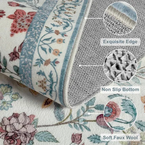 Vista 2 de Rugalia Alfombra de pasillo floral azul, alfombra lavable de 2 x 6 pies para pasillos, antideslizante, suave, de pelo bajo, con flores, pájaros, Rosa
