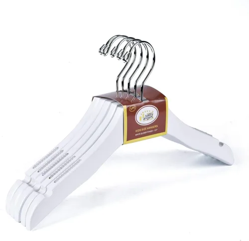 Vista 5 de Percha de madera blanca de calidad para niños, diseño de lujo, gancho giratorio cromado (10, 13 pulgadas)
