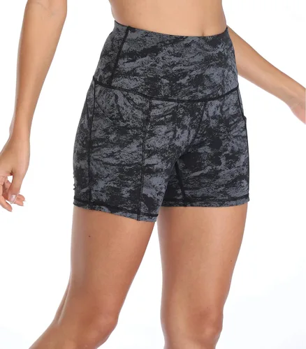 Vista 3 de Oalka Pantalones cortos de yoga para mujer, con bolsillos laterales, cintura alta, para entrenamiento, correr, deportes, 4 pulgadas