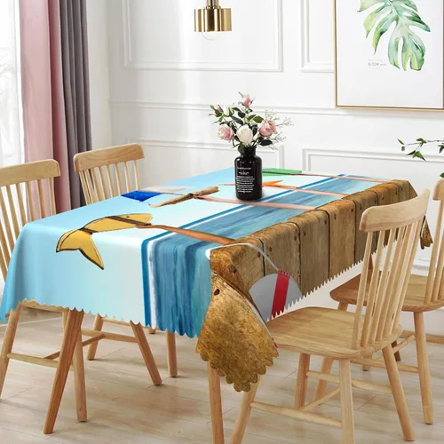 Vista 9 de Mantel oblongo, diseño de playa de 52 x 70 pulgadas, diseño de playa con estrellas de mar y olas de mar, con decoración impermeable y resistente a
