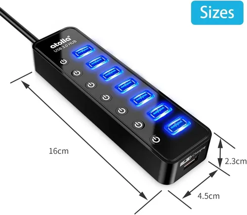 Vista 8 de Hub USB 3.0 alimentado, divisor de concentrador de datos USB de 7 puertos Atolla con un puerto de carga inteligente e interruptores individuales