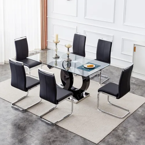 Vista 9 de Juego de mesa de comedor de 63 pulgadas para 4, moderno juego de mesa de comedor de vidrio templado para 4, para el hogar, cocina, sala de estar
