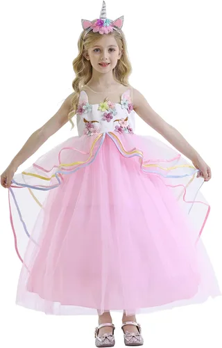 Vista 3 de Girls Unicorn Dress up Costumes Princess Tulle Flower Dress Cosplay Party Halloween Fancy Outfits with Accessories 5-12 Years