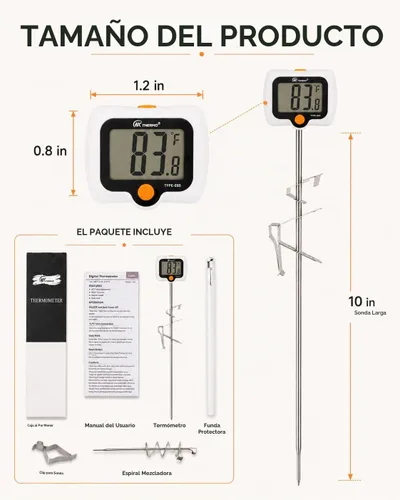 Vista 7 de Termómetro digital de caramelo con pantalla LED giratoria de 180°, sonda de acero inoxidable 304, escudo térmico, 2 clips de olla, termómetro