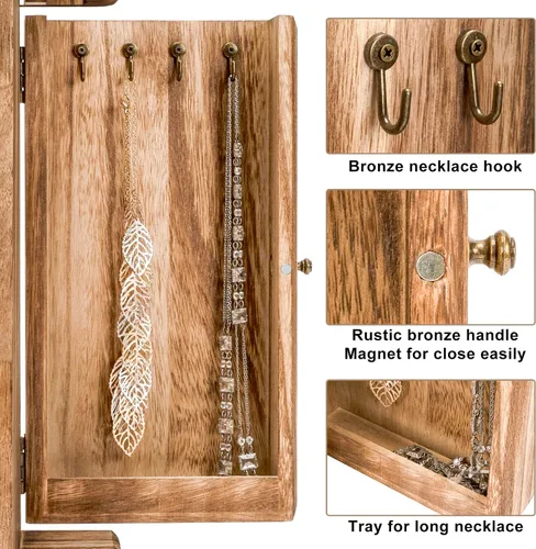 Vista 4 de Honiway Joyero para mujer con 6 compartimentos y espejo rústico de madera para collares pulseras aretes anillos regalos de cumpleaños