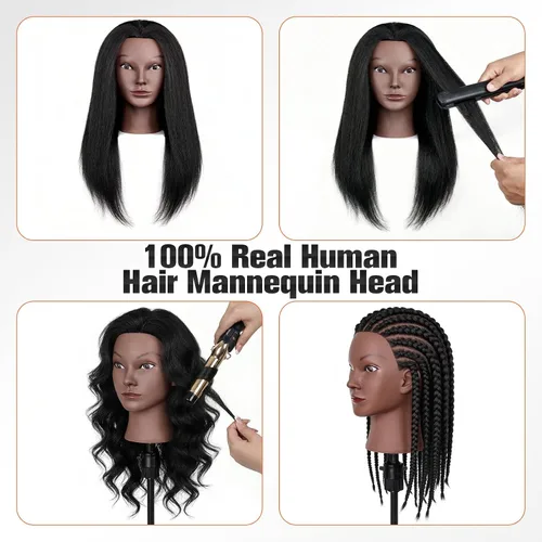 Vista 3 de Mannequin Head with 100% Human Hair,TopDirect 16"Real Hair Cosmetology Mannequin Manikin Head Hair Styling Hairdressing Practice Training Doll Head