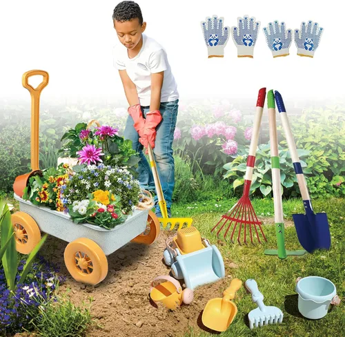 Vista 7 de Mostop Herramientas de jardinería para niños, juguetes al aire libre con carretilla, carretilla para niños de 4 a 8 años, juguetes educativos