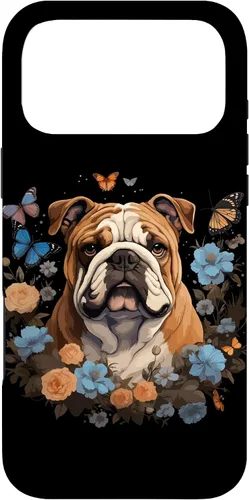 Vista 22 de Funda para iPhone 16 Bulldog Inglés con Flores y Mariposas