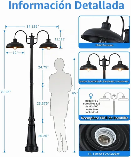 Vista 2 de Luz de Poste para Exteriores, Lámpara de Poste para Exteriores de Anochecer a Amanecer, Luces de Poste de 2 Cabezales Estilo Granja, Accesorio